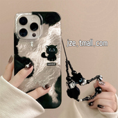 卡通可爱小黑猫带链条适用苹果17手机壳锡纸纹iPhone16ProMax新款 15pro防摔13女款 小众12硅胶14pro创意全包软