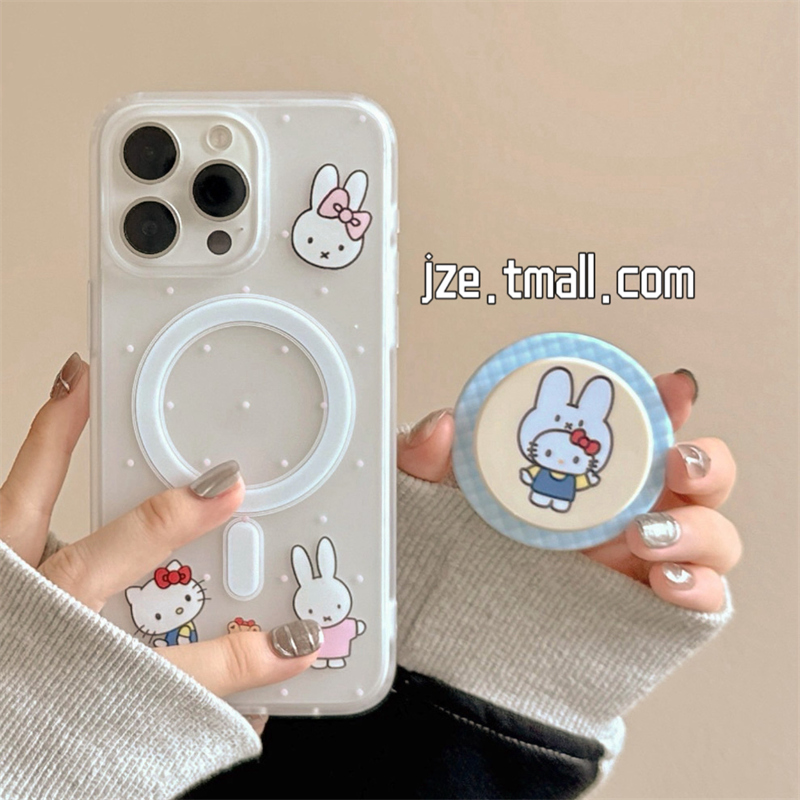 jze可爱韩风半透磨砂KT猫磁吸支架适用苹果15手机壳iphone16ProMax新款15promax少女13创意16pro全包14保护套