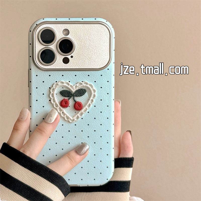 韩系奶蓝色波点樱桃刺绣适用苹果15手机壳iPhone16ProMax新款15pro防摔13小清新12硅胶14pro高级感全包软壳女