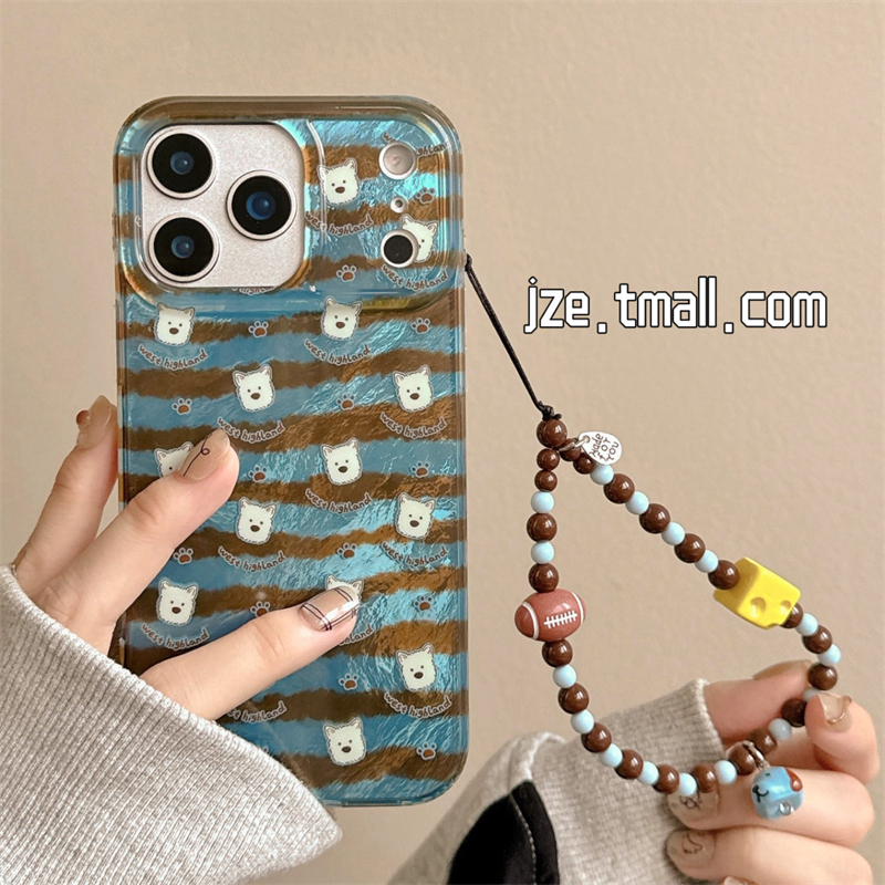 jze 蓝棕条纹可爱卡通小狗带链条适用苹果17ProMax手机壳iphone15新款16pro女款13秋冬15pro双层14防摔保护套