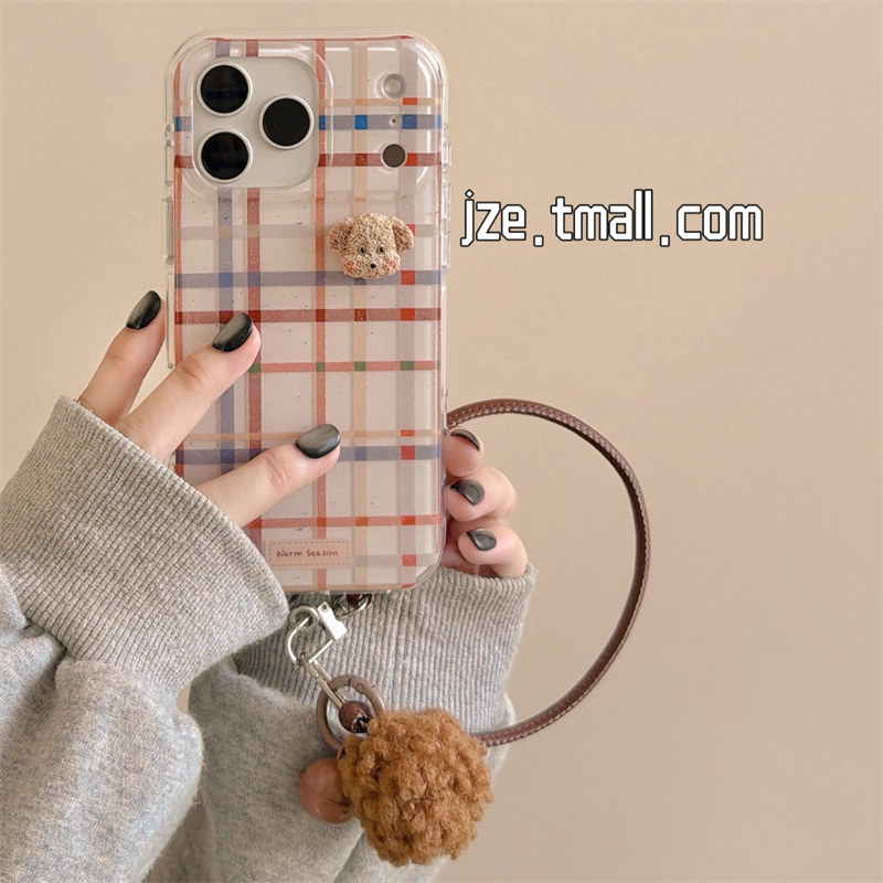 jze 简约彩色条纹可爱立体小狗适用苹果17ProMax手机壳iphone15新款16pro少女13双层15pro带挂绳14防摔保护套