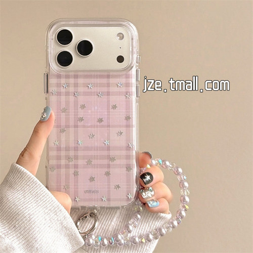 jze韩系ins简约文艺紫色格纹星星鎏金适用苹果17ProMax手机壳iphone15新款16pro女款17pro带挂绳14防摔手机套