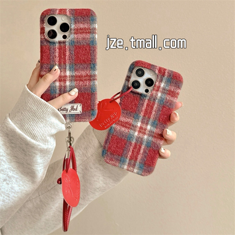 jze 秋冬红色格纹绒布带挂绳适用苹果17ProMax手机壳iphone15新款16pro女款13简约15pro韩系小众14防摔保护套