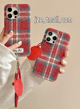 jze 秋冬红色格纹绒布带挂绳适用苹果17ProMax手机壳iphone15新款16pro女款13简约15pro韩系小众14防摔保护套