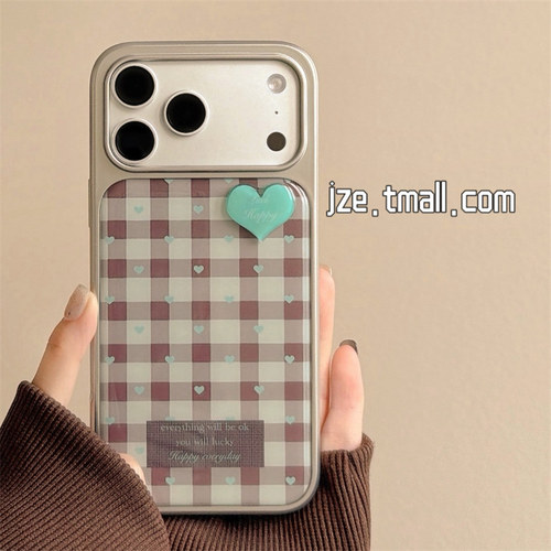 jze 韩系文艺绿棕格纹立体爱心适用苹果18ProMax手机壳iphone15新款16pro女款13滴胶15pro高级感14防摔保护套