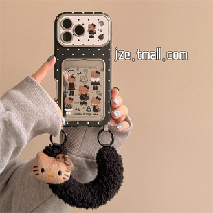 jze 16pro女13毛绒腕带15pro全包防摔保护套14 甜酷小香风波点黑裙KT卡包适用苹果17ProMax手机壳iphone15新款