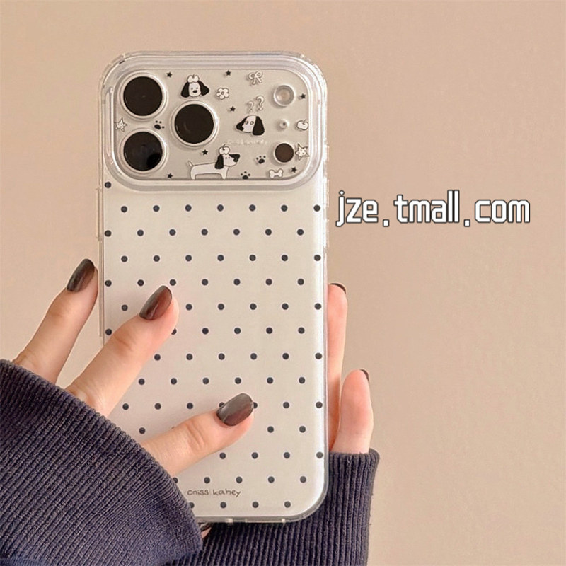 jze 韩系简约白底波点小狗适用苹果17ProMax手机壳iphone15新款16pro超好看女款13双层15pro全包14防摔保护套