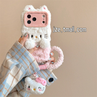 jze 秋冬立体可爱毛绒茸KT猫适用苹果17ProMax手机壳iphone15新款16pro女13带挂绳15pro支架镜头14防摔保护套