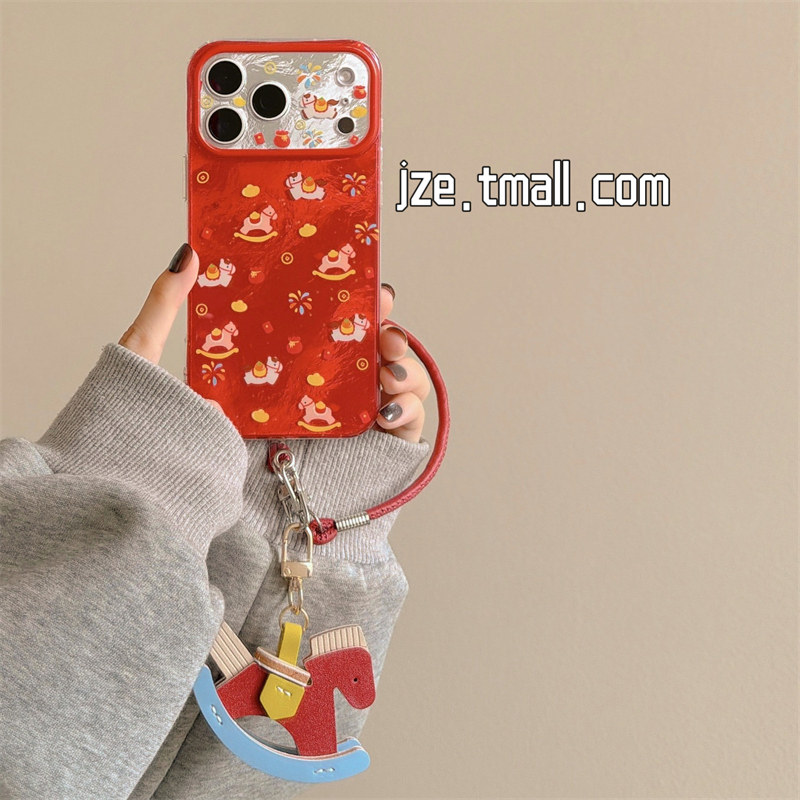 jze 新年喜庆红色烟花元宝小马带挂绳适用苹果17ProMax手机壳iphone15新款16pro女款13双层15pro防摔保护套14