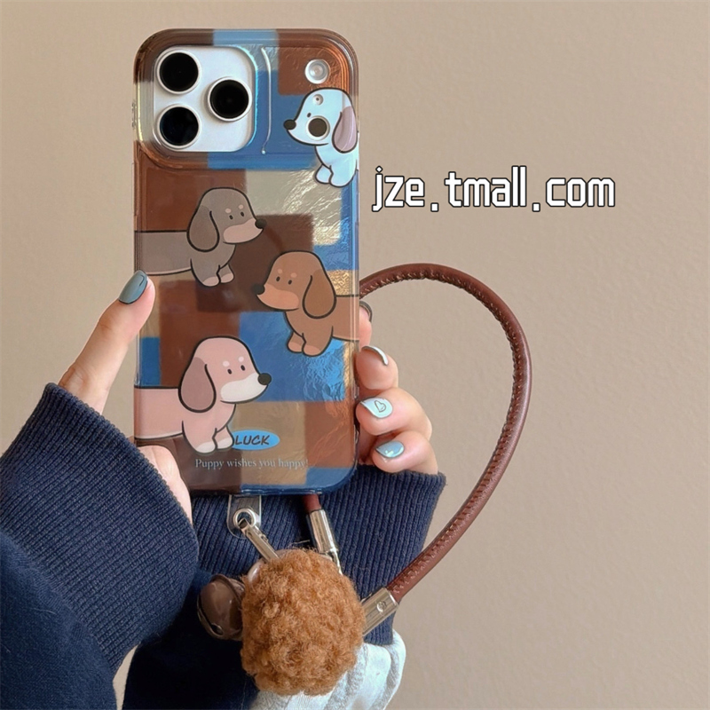 jze 秋冬色块拼接腊肠狗卡通适用苹果17ProMax手机壳iphone15新款16pro韩风女13带挂绳15pro双层14防摔保护套