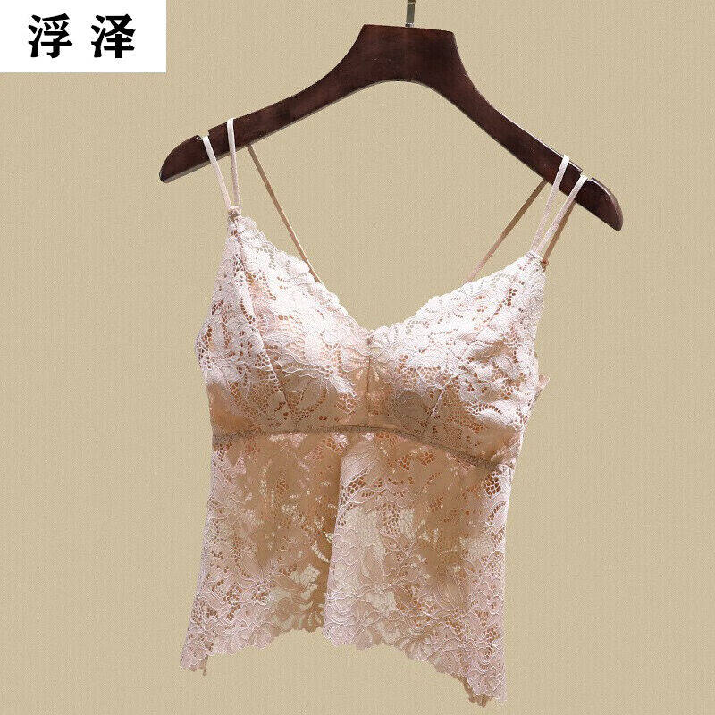 浮泽一体式免穿文胸固定杯蕾丝抹胸女美背吊带背心胸罩防走光内搭
