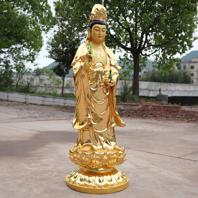 i厂家直销佛像树脂玻佛像贴金站观世音1米6高全金色观音神像站观