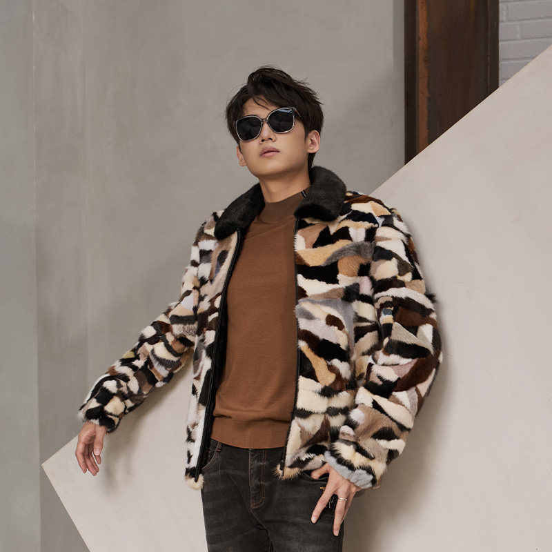 DAVID NAMAN【工艺设计】男秋冬休闲翻领水貂毛领保暖毛皮服外套