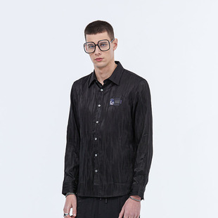DAVID NAMAN春夏商务休闲暗花纹质感醋酸丝滑黑色长袖翻领衬衫男