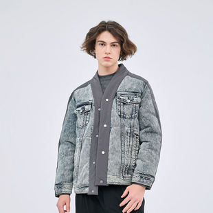 DAVID NAMAN【品质鹅绒】早春新款拼接棒球领轻薄牛仔羽绒服外套