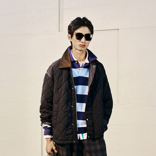 潮流做旧菱纹格条棉服外套