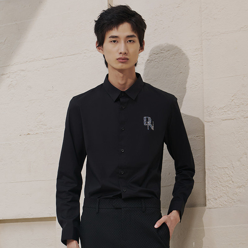DAVID NAMAN【精致烫钻】秋季新款男士黑色长袖棉质商务休闲衬衫