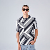 NAMAN夏季 新款 时尚 DAVID 潮流黑白条纹不规则拼接风圆领短袖 T恤男