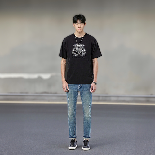 烫钻大LOGO男黑色圆领短袖T恤