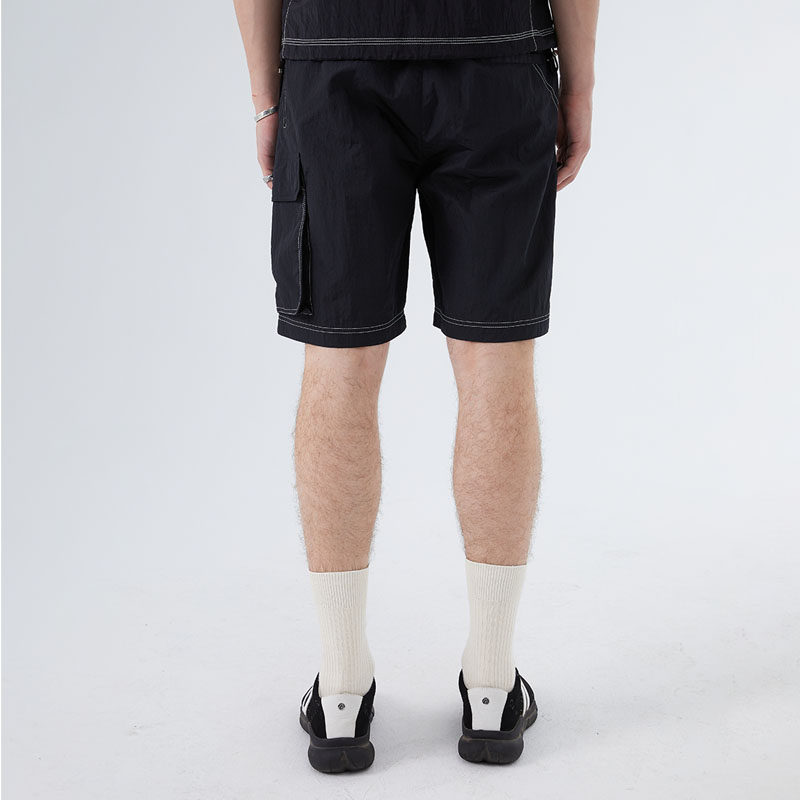 DAVID NAMAN松紧腰撞线不对称休闲裤夏季短裤工装裤男直筒裤潮流