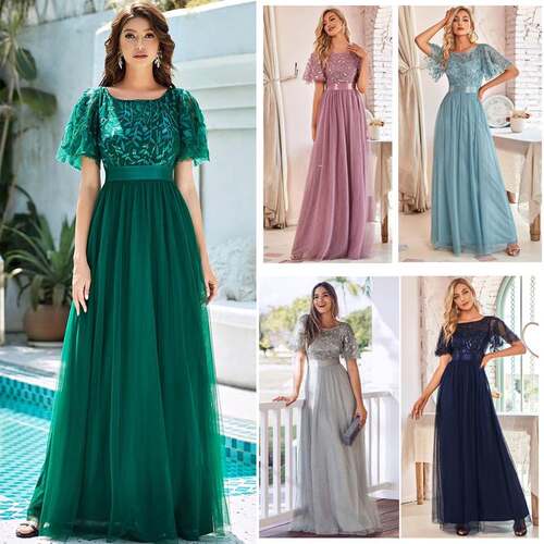 Evening Dresses 欧美弹力婚礼伴娘服圆领聚会亮片生日晚礼服女