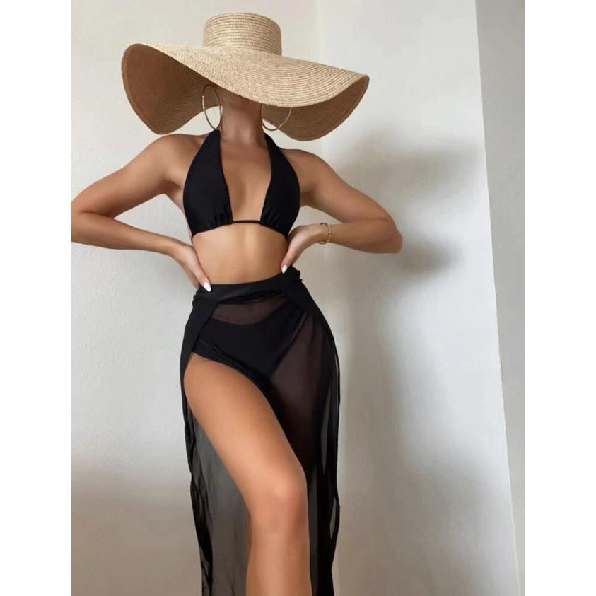 网红博主黑色比基尼三件套带罩裙沙滩度假分体泳衣性感辣妹Bikini