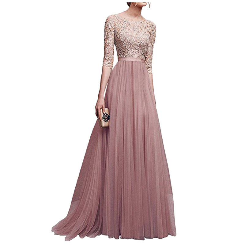 新品女装欧洲站纯色气质网纱晚礼服长版洋装Evening dress