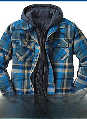 男装秋冬款加厚棉衣格子印花宽松连帽外套夹克Men's thick jacket
