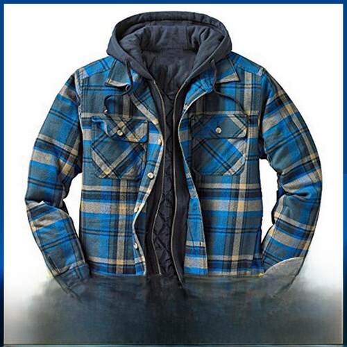 男装秋冬款加厚棉衣格子印花宽松连帽外套夹克Men's thick jacket