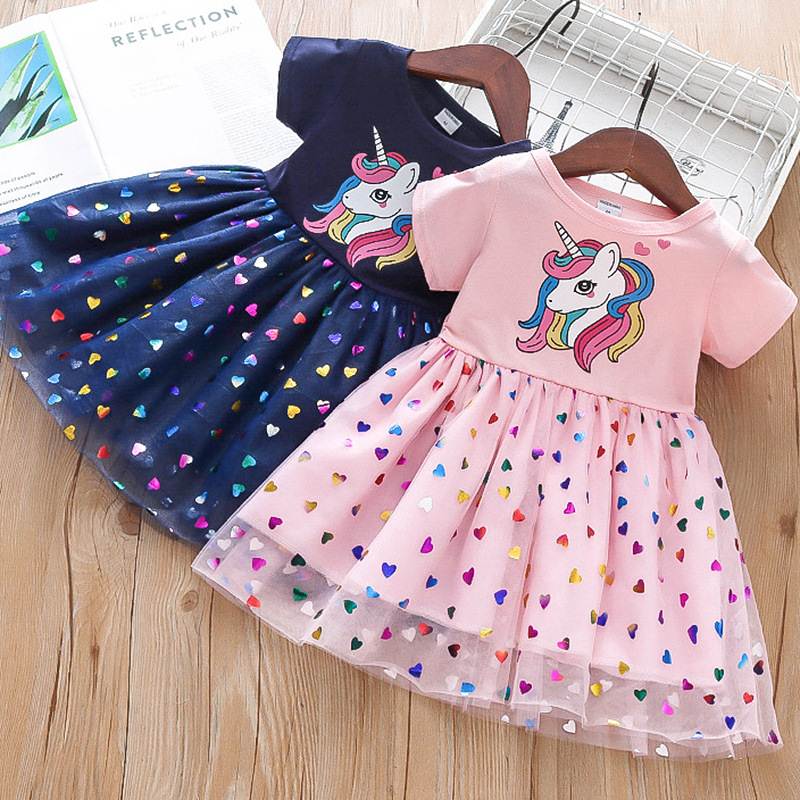 2023 Summer Girls Dress Cotton Cartoon Unicorn Kids Clothes