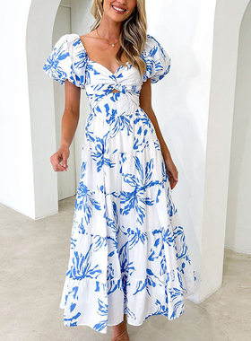 Printed Bubble Sleeves Grand Swing High end Dress for Women