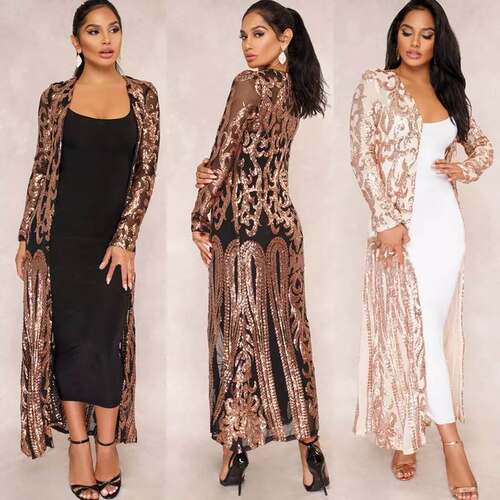 Sequin Jacket Women's Sexy Party Mesh Beach Dress Long Coat