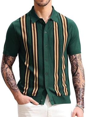 男装夏季绿色条纹短袖修身商务针织衫Men's Striped Short Sleeve