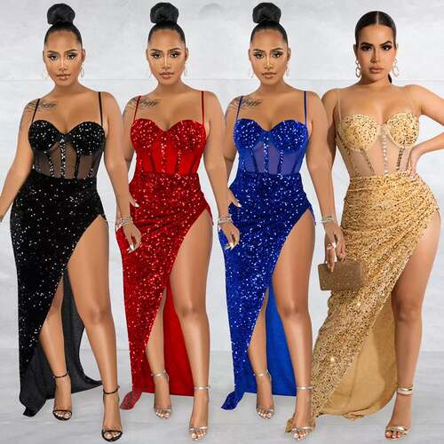 Women Mesh High Side Split Sequin Maxi Long Dress Sexy