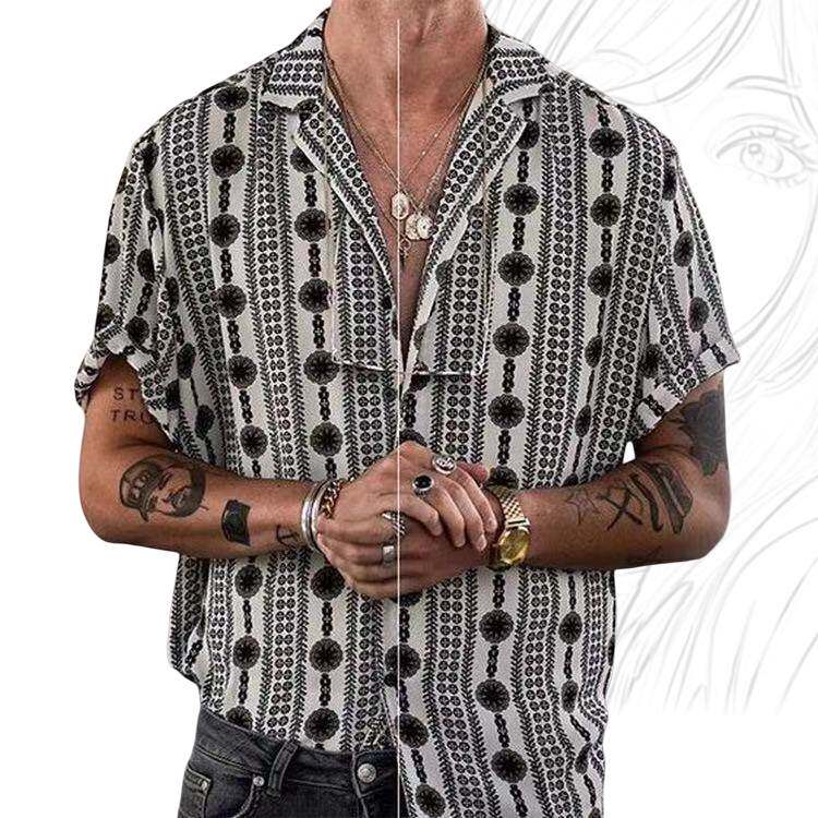 2023欧美印花衬衫翻领短袖男士休闲上衣Men's short sleeve s