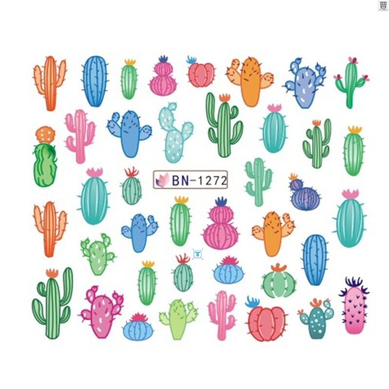 12 Designs Cactus Water Decals Nail Sticker Green Plant