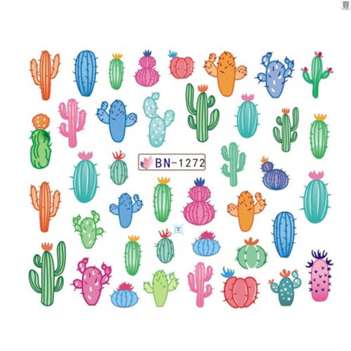 好货12 Designs Cactus Water Decals Nail Sticker Green Plant