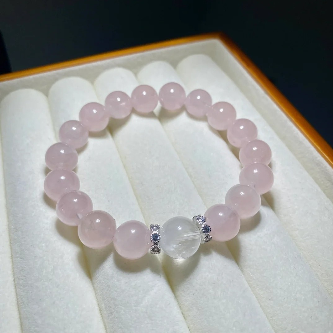 日本品质天然粉水晶手链 简约 温柔马粉手串女款水晶弹力手链闺蜜