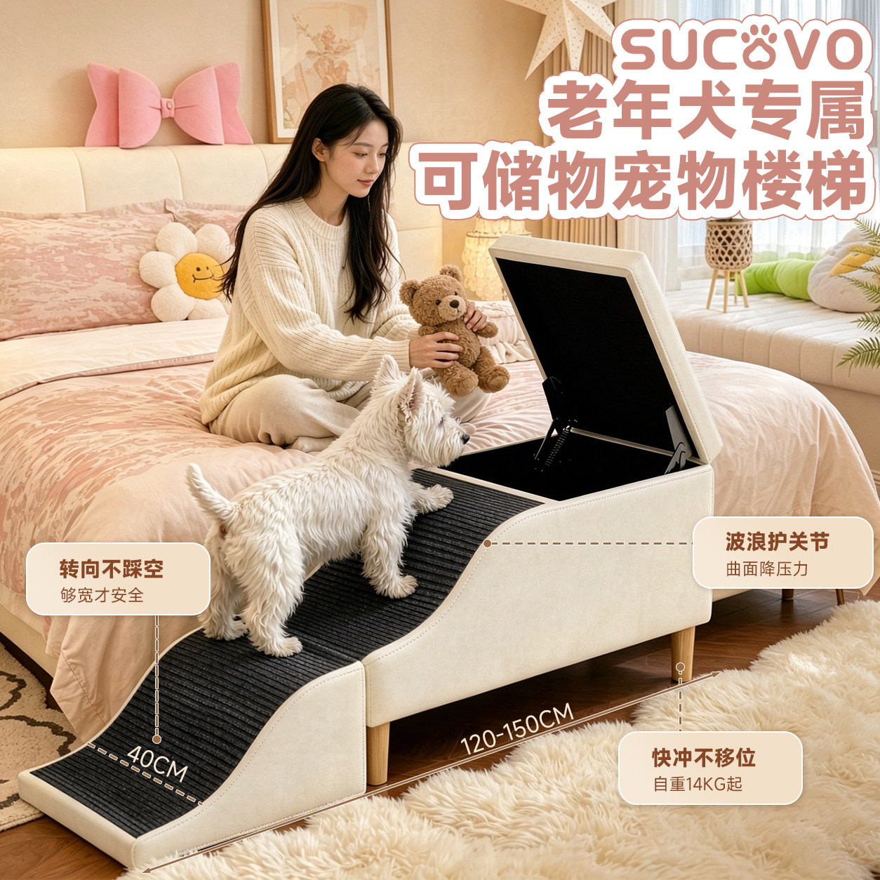 Sucovo狗狗楼梯宠物上床斜坡小型犬爬梯防滑床边小狗楼梯可储物