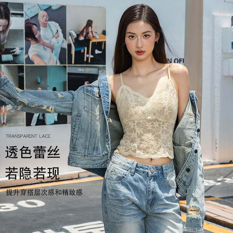纯欲蕾丝美背吊带女带胸垫一体式免穿文胸秋冬季内搭打底保暖背心