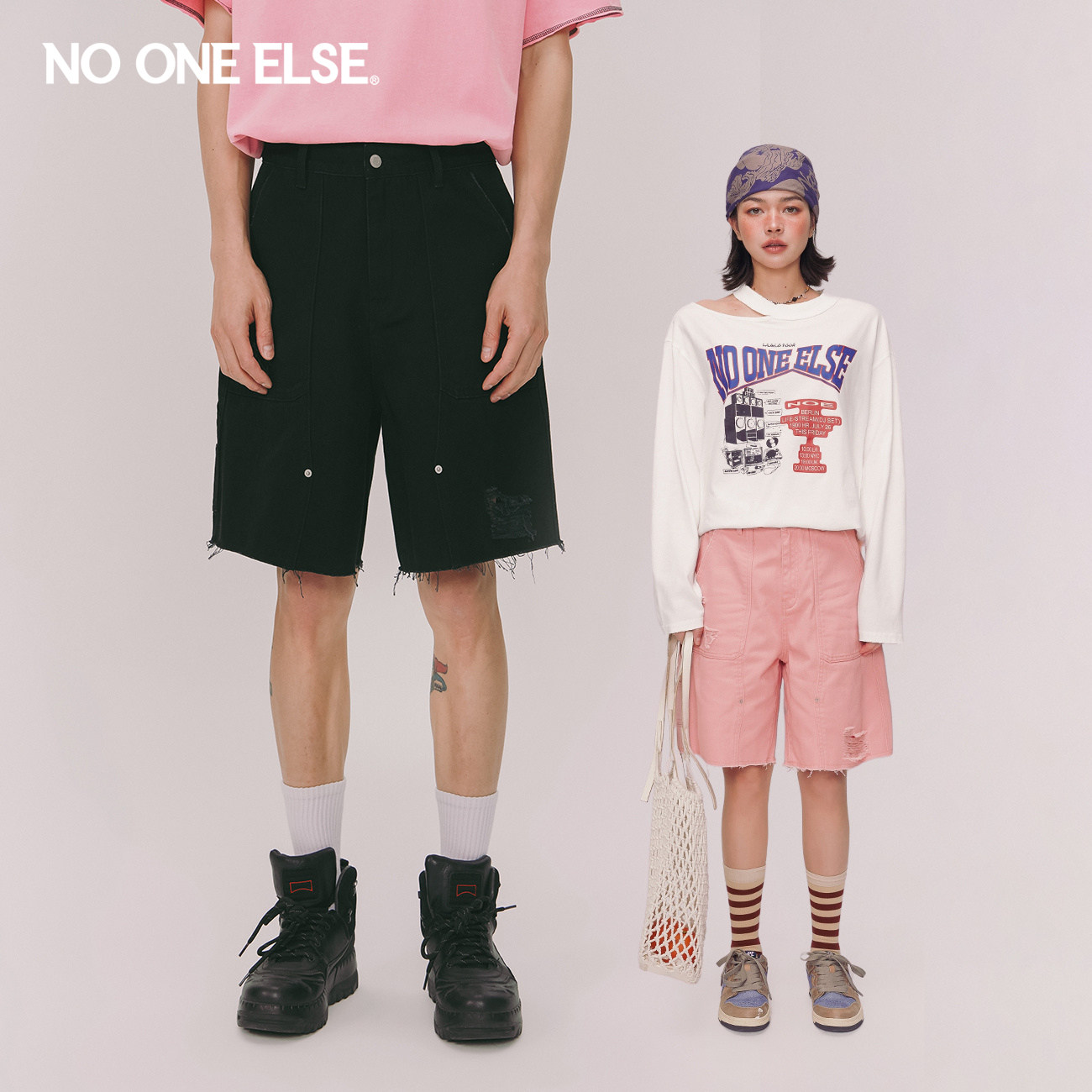 NO ONE ELSE高腰破洞休闲裤男女款2026年夏季新品毛边阔腿短裤