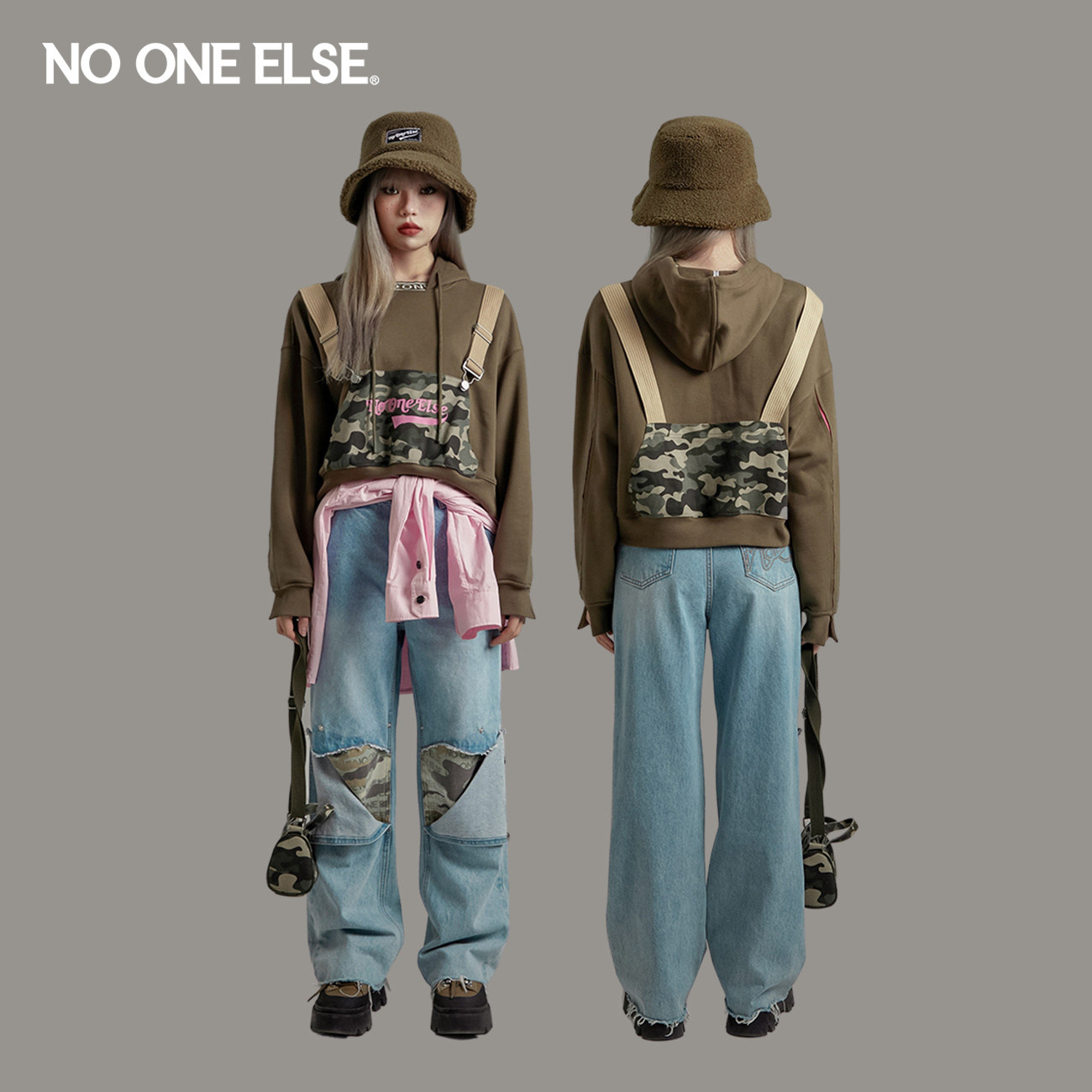 NO ONE ELSE假两件卫衣女士2026年春秋新款宽松短款连帽长袖上衣