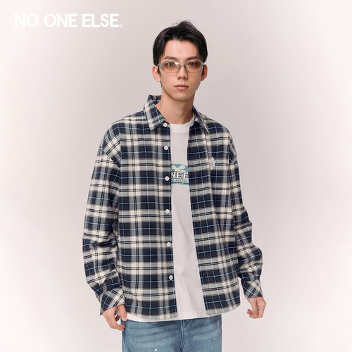 NO ONE ELSE复古格纹衬衫男女2026春秋新款字母绣花宽松长袖衬衣