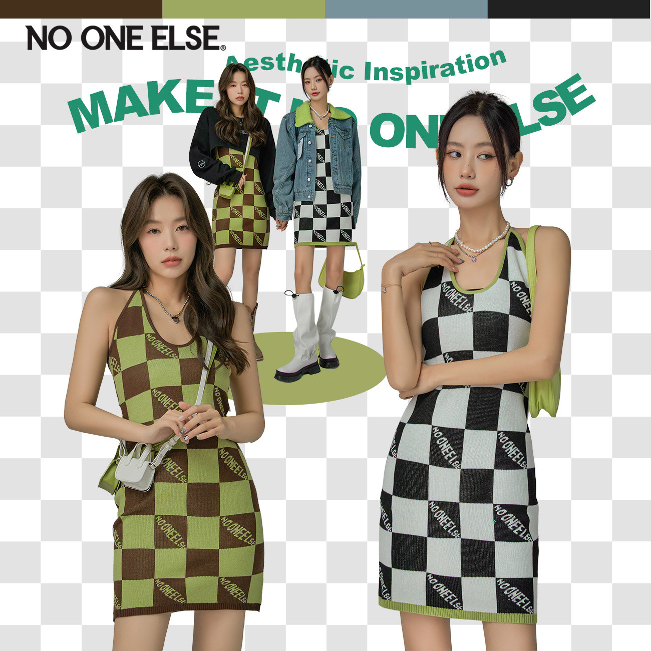 NO ONE ELSE棋盘格针织连衣裙女2026秋新款修身挂脖打底短裙子