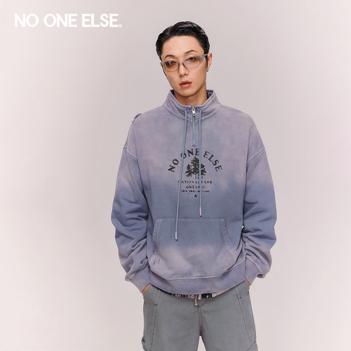 NO ONE ELSE字母印花抽绳卫衣男女2026春秋新款美式破洞渐变上衣