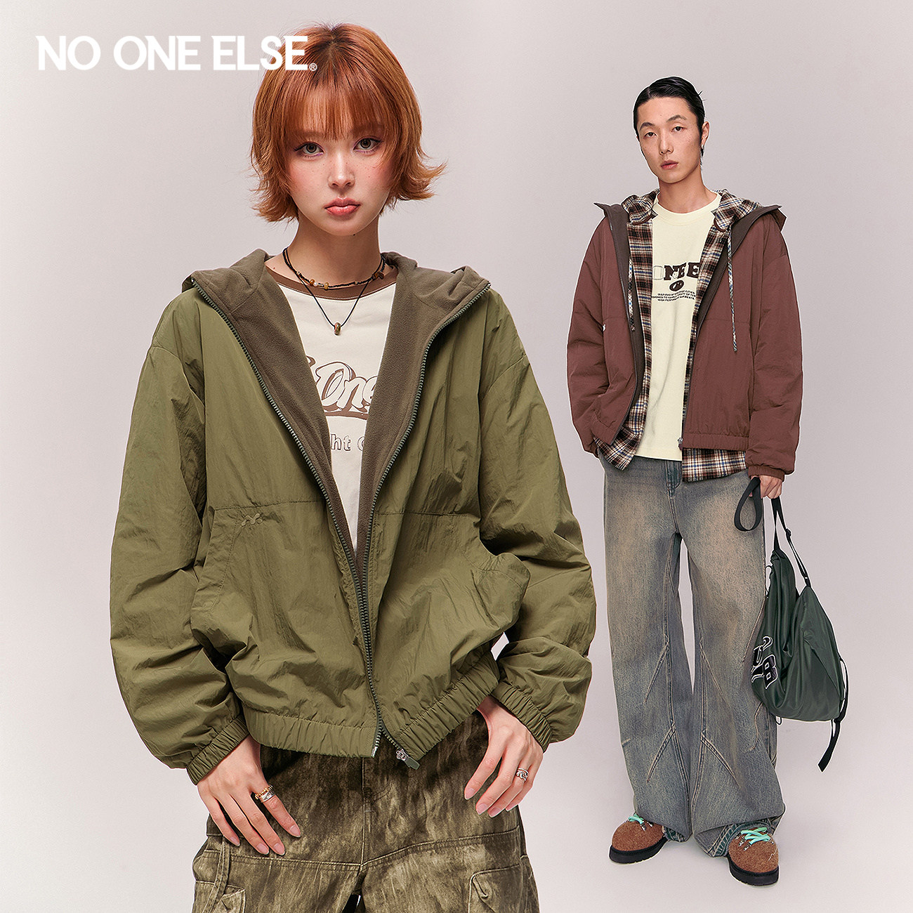 NO ONE ELSE字母绣花连帽外套男女2026冬季新款加绒防风机能夹克