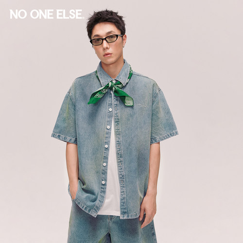 NO ONE ELSE做旧牛仔衬衫男女款2026夏新品美式字母刺绣短袖衬衣