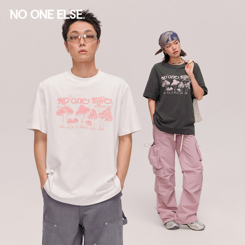 NO ONE ELSE蘑菇字母印花T恤男女款2026夏季新品美式圆领短袖上衣