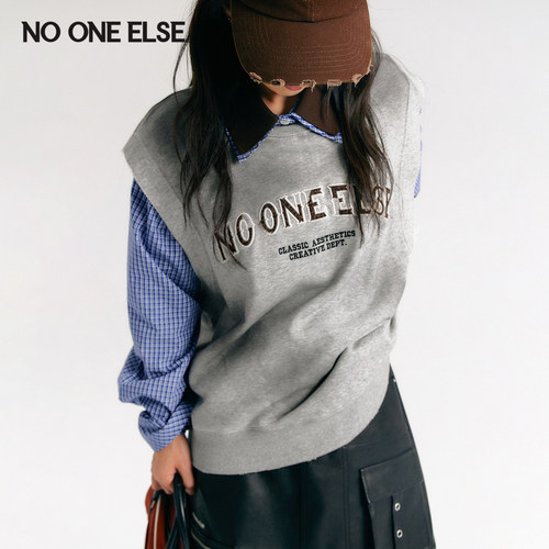 NO ONE ELSE豹纹字母针织马甲女士2026春秋新款宽松做旧刺绣马夹