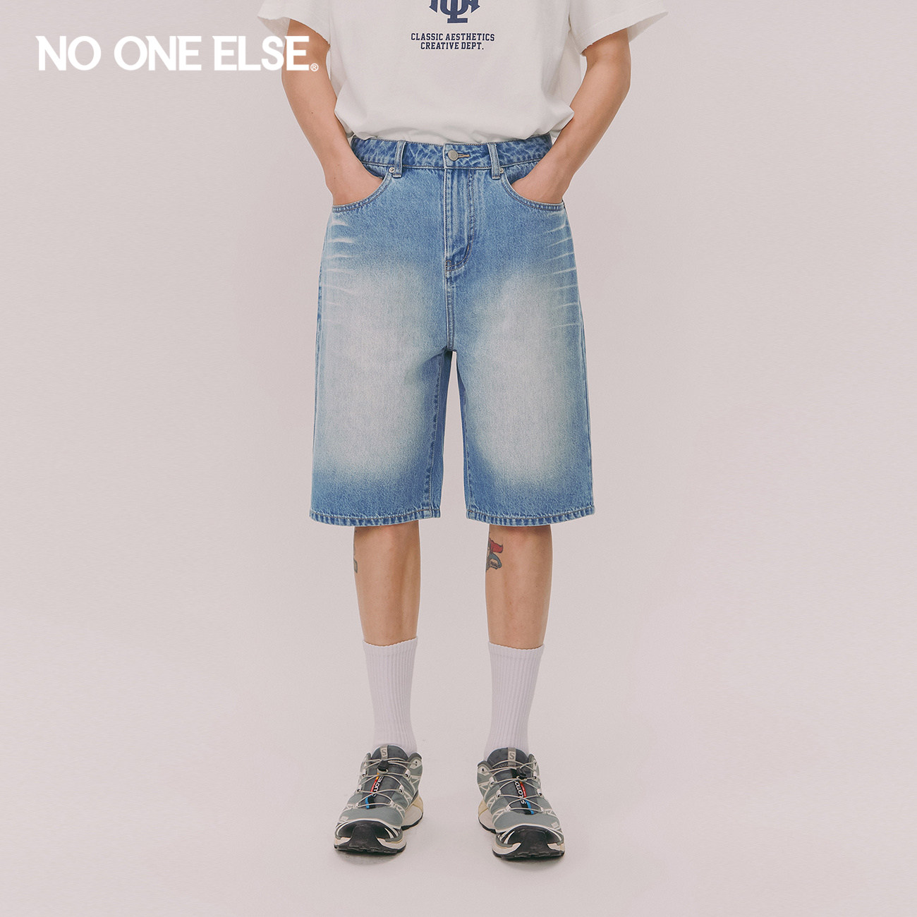 NO ONE ELSE磨白牛仔中裤男女同款2026年夏季新品水洗猫须五分裤